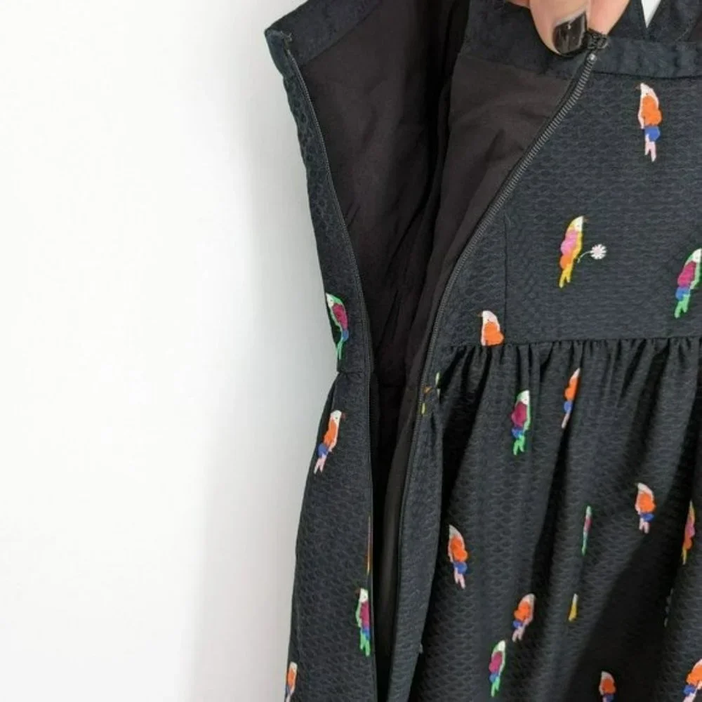 Kate Spade Flock Party Dress 0 Black Parrot Jacquard Fit N Flare Mock Wrap Mini